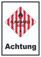 thumbnail of Schild Entzündbare feste Stoffe Achtung Flammable Solid hochkant A4 Rückseite selbstklebend