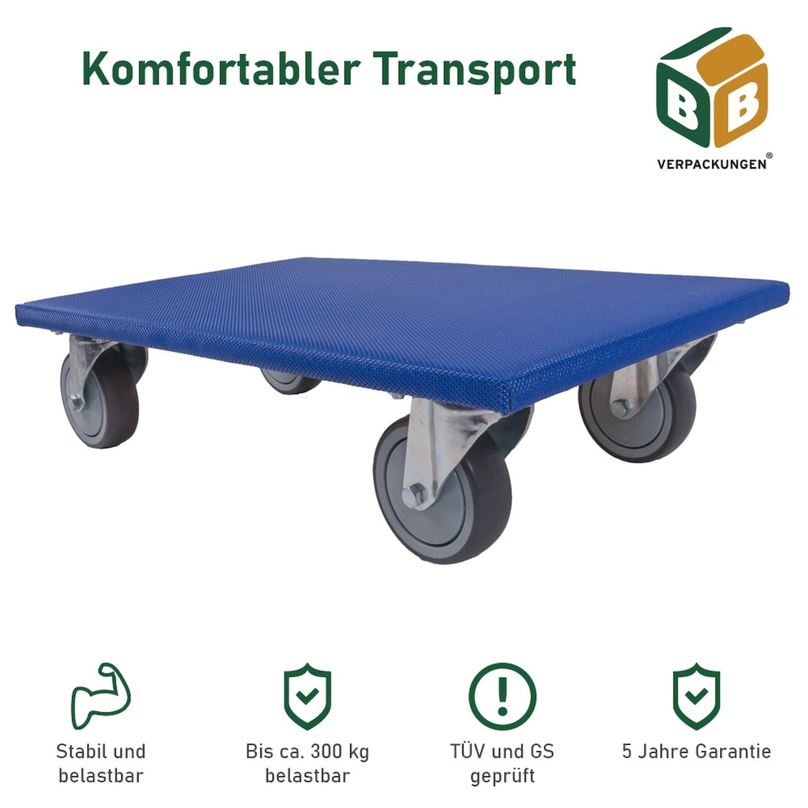 1 x Möbelroller (600 x 350 x 145 mm) 300 kg Traglast Gummi-Lenkrollen spurloses Rollverhalten Möbelhund BB-Verpackungen