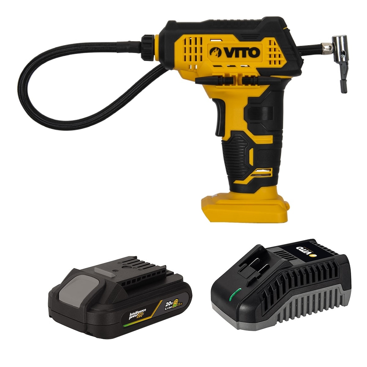 Mini Compresseur sans fil 7 bar 20V + Batterie lithium 2Ah  Chargeur + 6 Embouts de gonflage VITO