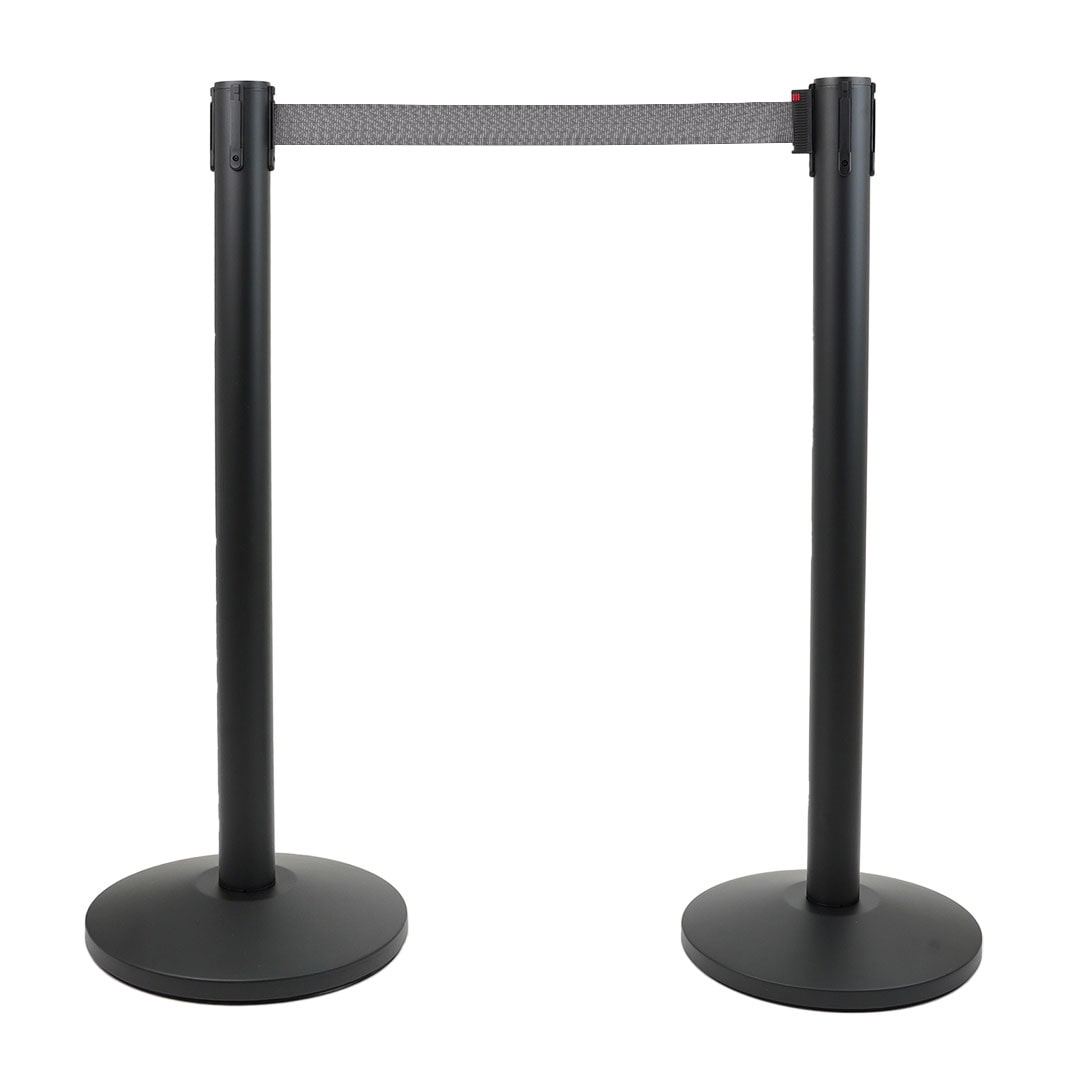 Danieli Store - 2 Postes Separadores de Metal Negro  con Cinta de 3mt Gris - Base Reforzada y Goma Antideslizante