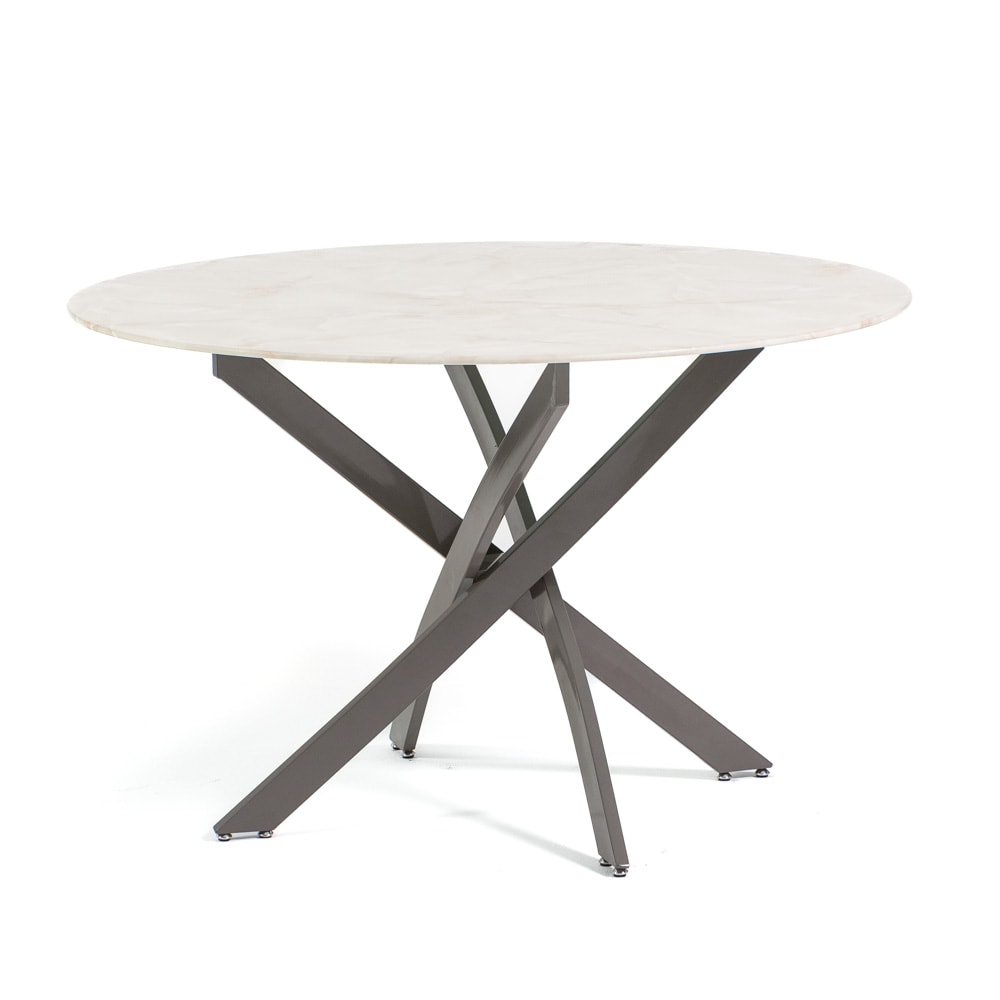 Tavolo da interno Ø120 cm, piano in vetro temperato, gambe in metallo, design elegante per cucina, sala da pranzo - Kasper - Marmo rosa/Tortora