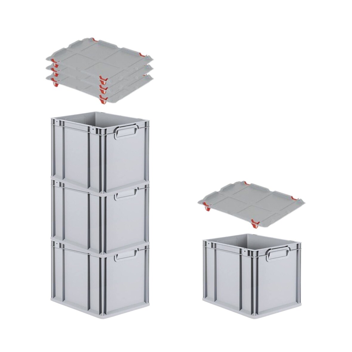 PROREGAL SuperSparSet 4x Eurobox NextGen Grip mit Auflagedeckel & 4 roten Verschlüssen, HxBxT 32x30x40cm, 30L, Grau, Griffe zu, Eurobehälter