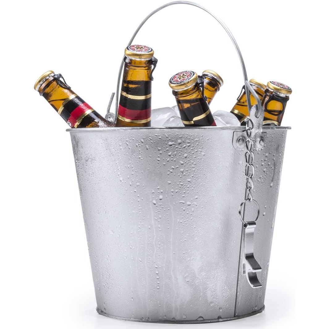 Bewitched Cubo de Metal para Cerveza, Plateado, con Abridor y Cadena, Uso en Hostelería, Pack de 5 Unidades