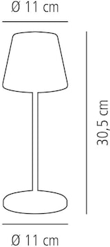 Eine Lampe mit einem Durchmesser von 11 cm und einer Höhe von 30,5 cm.