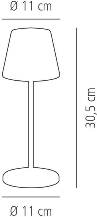Eine Lampe mit einem Durchmesser von 11 cm und einer Höhe von 30,5 cm.