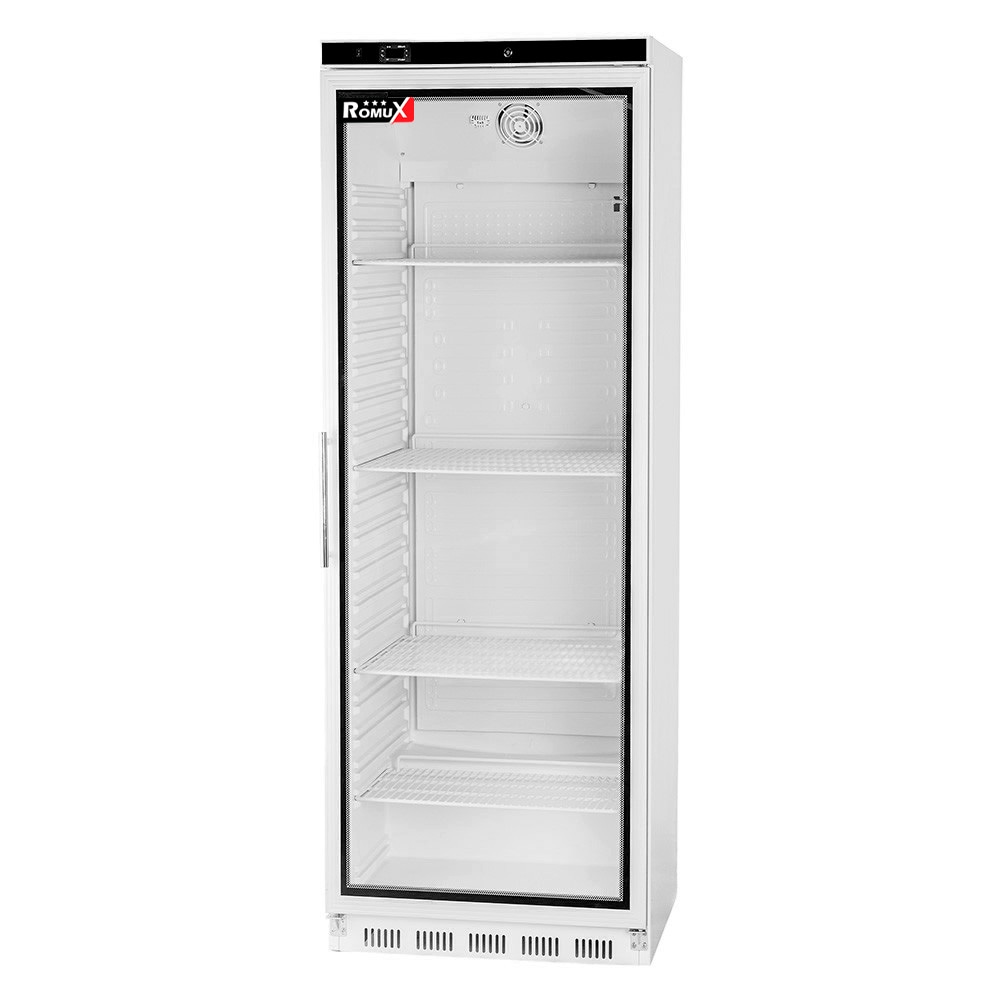 Romux® Armário Expositor Refrigerado ABS 400 Litros 1 Porta Vidro 60 cm Ventilada Branco | Frigorífico Profissional 400 L - 4 Prateleiras e 180 W