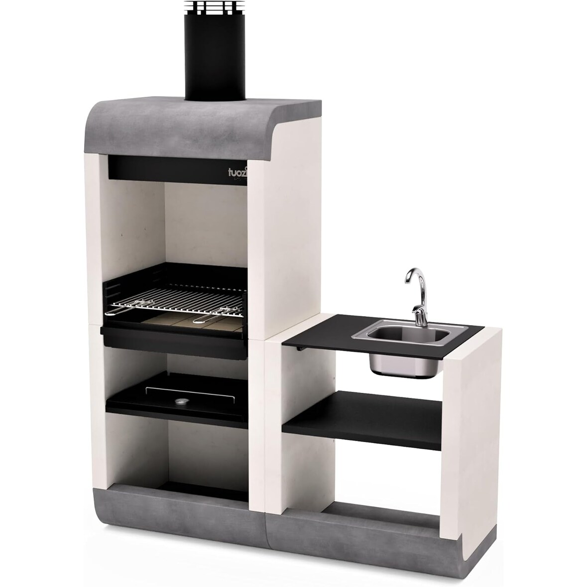 MF - Einbaugrill SUD PLUS für Holz/Holzkohle mit Spülbecken & Wasserhahn (weiß, grau, schwarz - 162x60x220 cm) REF: 4340