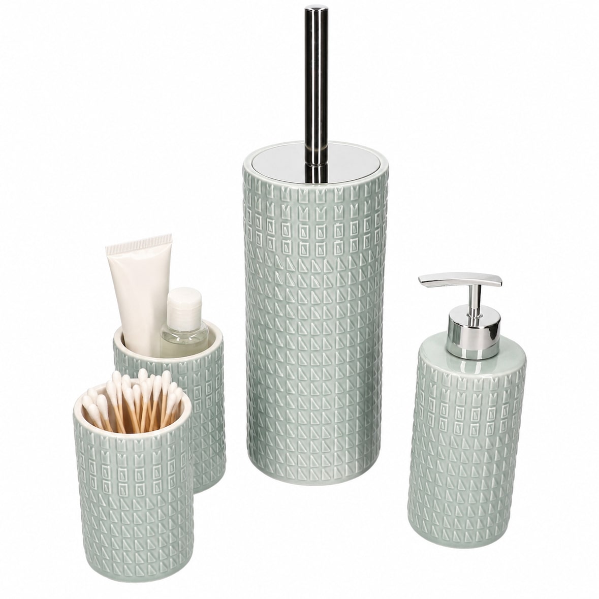 4tlg Badezimmer Set LENORA Mintgrün 1x Toilettenbürste, 1x Seifenspender & 2x Becher – 2x 24224, 1x 24225 & 1x 24226