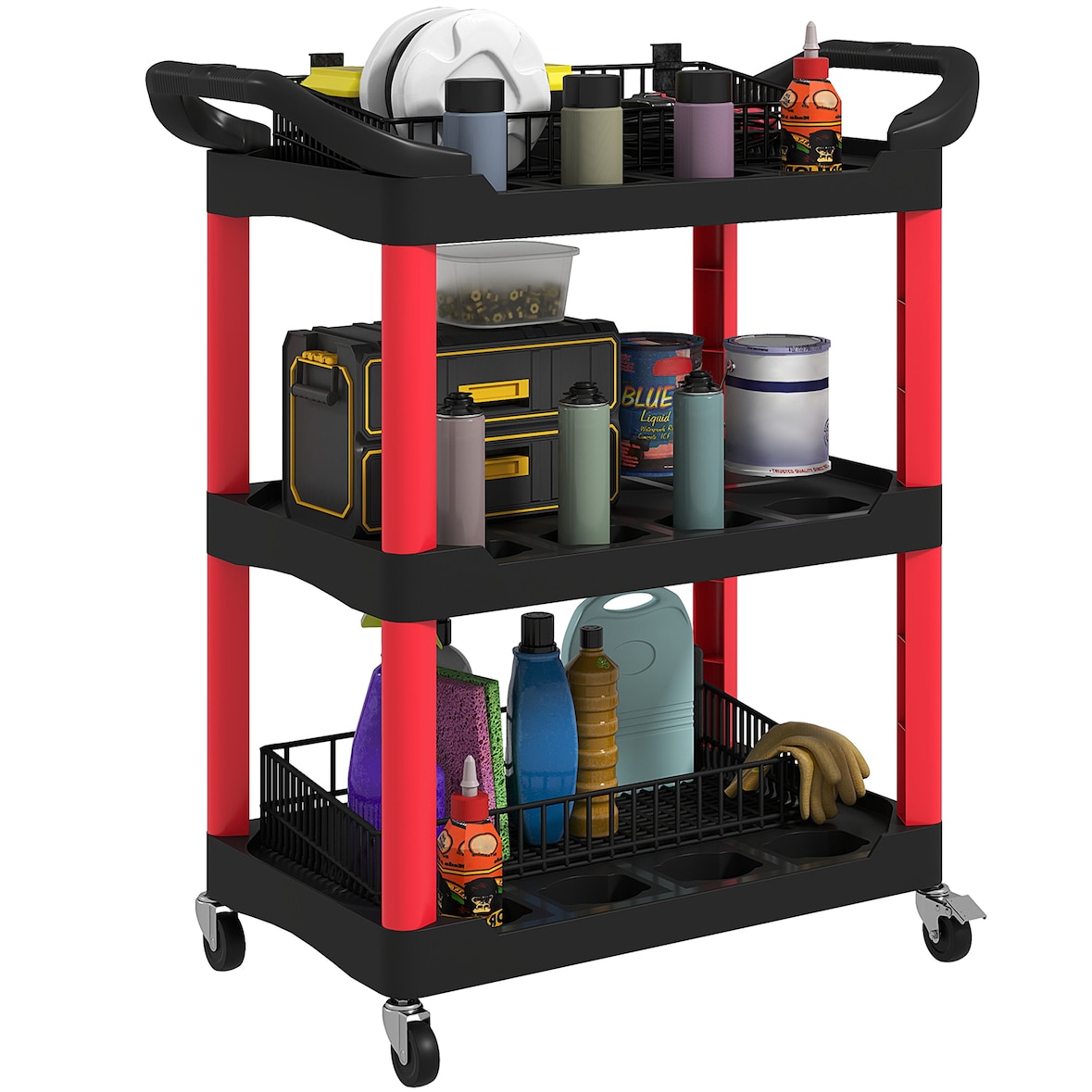 HOMCOM Carro de Oficina Carro de Ferramentas com 3 Prateleiras Rodas e Pegas para Garagem Oficina Casa 83x43x97 cm Vermelho e Preto