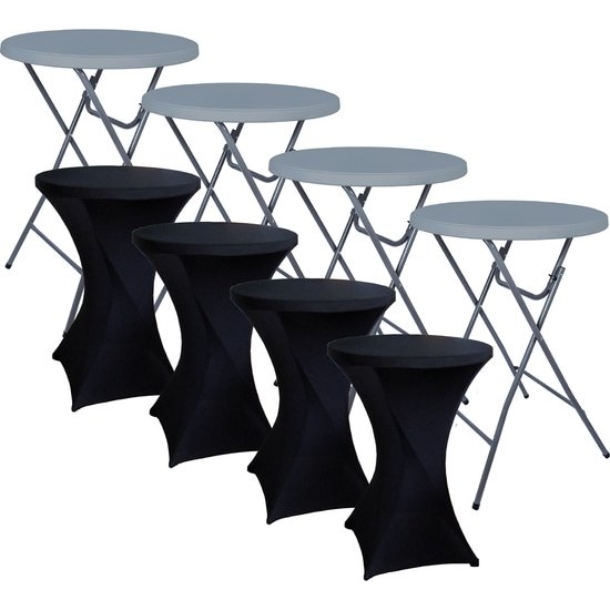 BRASQ Statafel Grijs Set van 4 ⌀80cm Inclusief 4x Zwarte Statafelrok - Bartafel - Vouwtafel - Inklapbaar van kunststof, metaal voor binnen en buiten