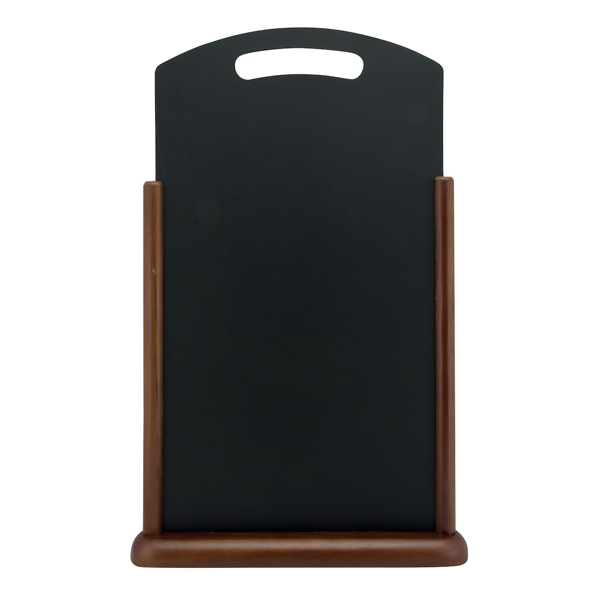 Securit® Tischtafel "Handle" mit Griff – Holzsockel dunkelbraun lackiert – 35x53cm