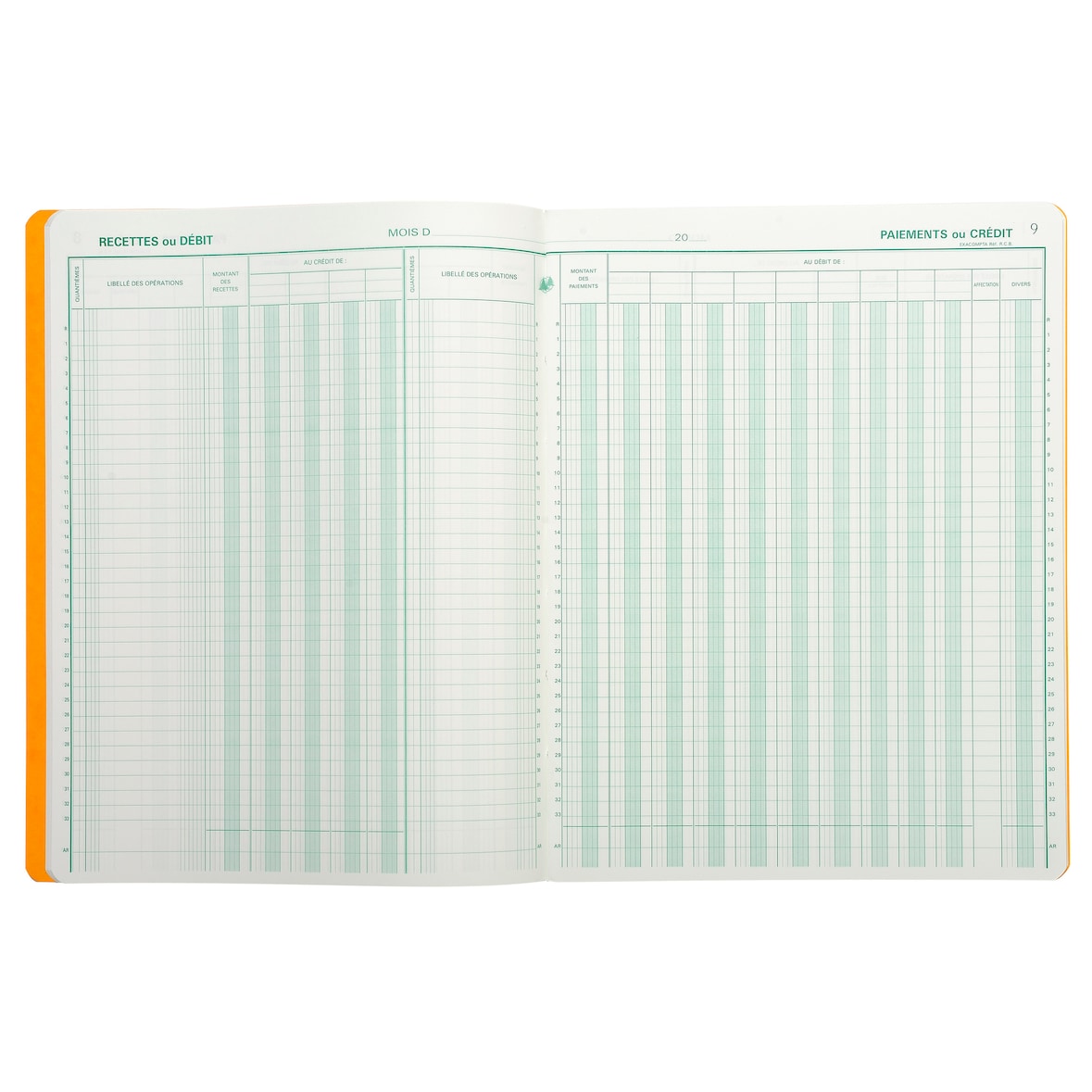 Exacompta - Réf. 6510E - 1 Piqûre 32x25 Journal de caisse ou banque 9 débit - 4 crédit 33 lignes 80 pages - Couleurs aléatoires