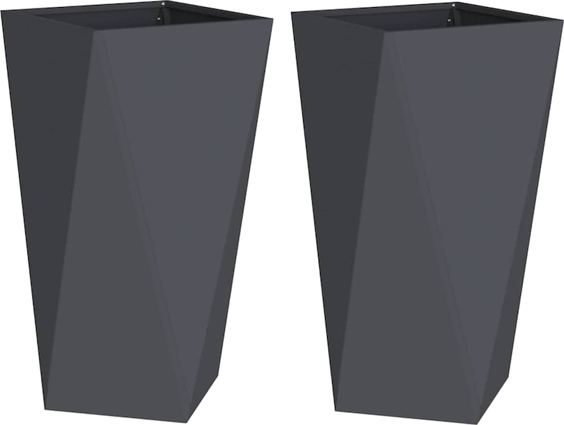 Zwei anthrazitfarbene, hohe, geometrische Blumentöpfe.