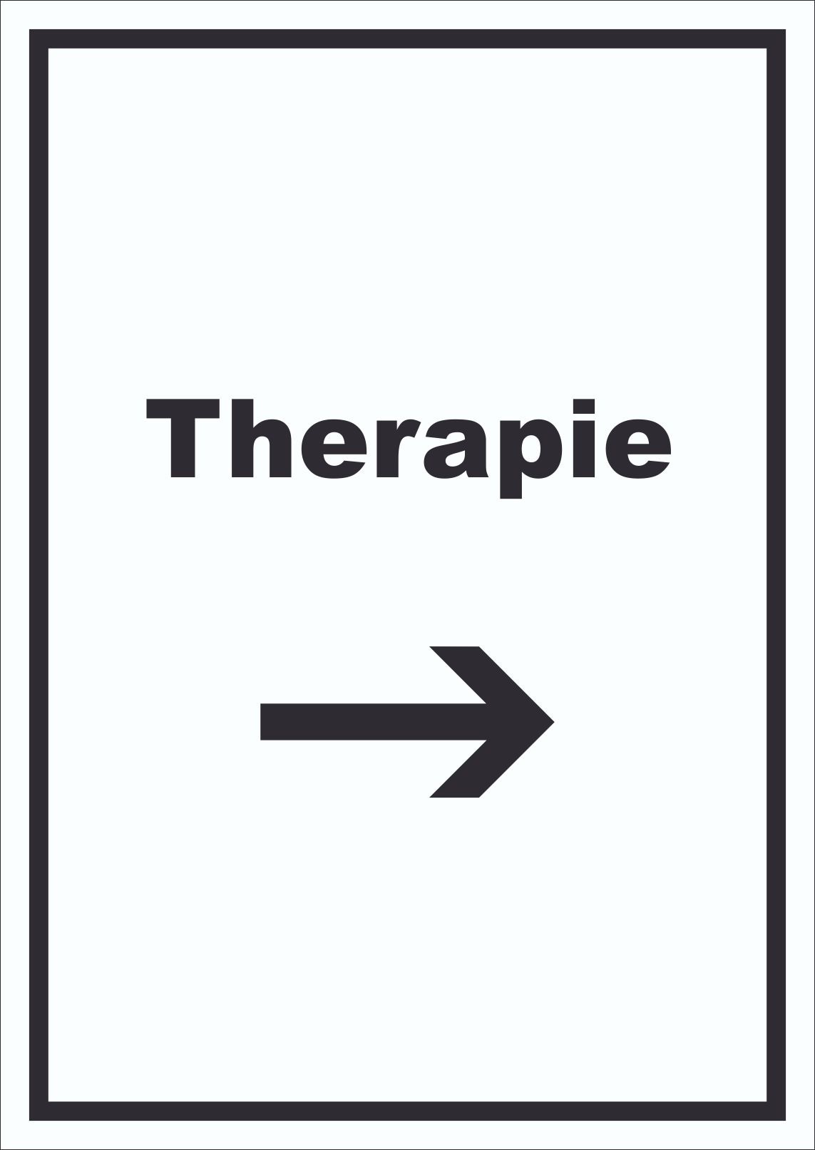 Therapie Schild mit Text und Richtungspfeil rechts Raum Behandlung hochkant A3 Rückseite selbstklebend