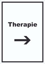 thumbnail of Therapie Schild mit Text und Richtungspfeil rechts Raum Behandlung hochkant A3 Rückseite selbstklebend