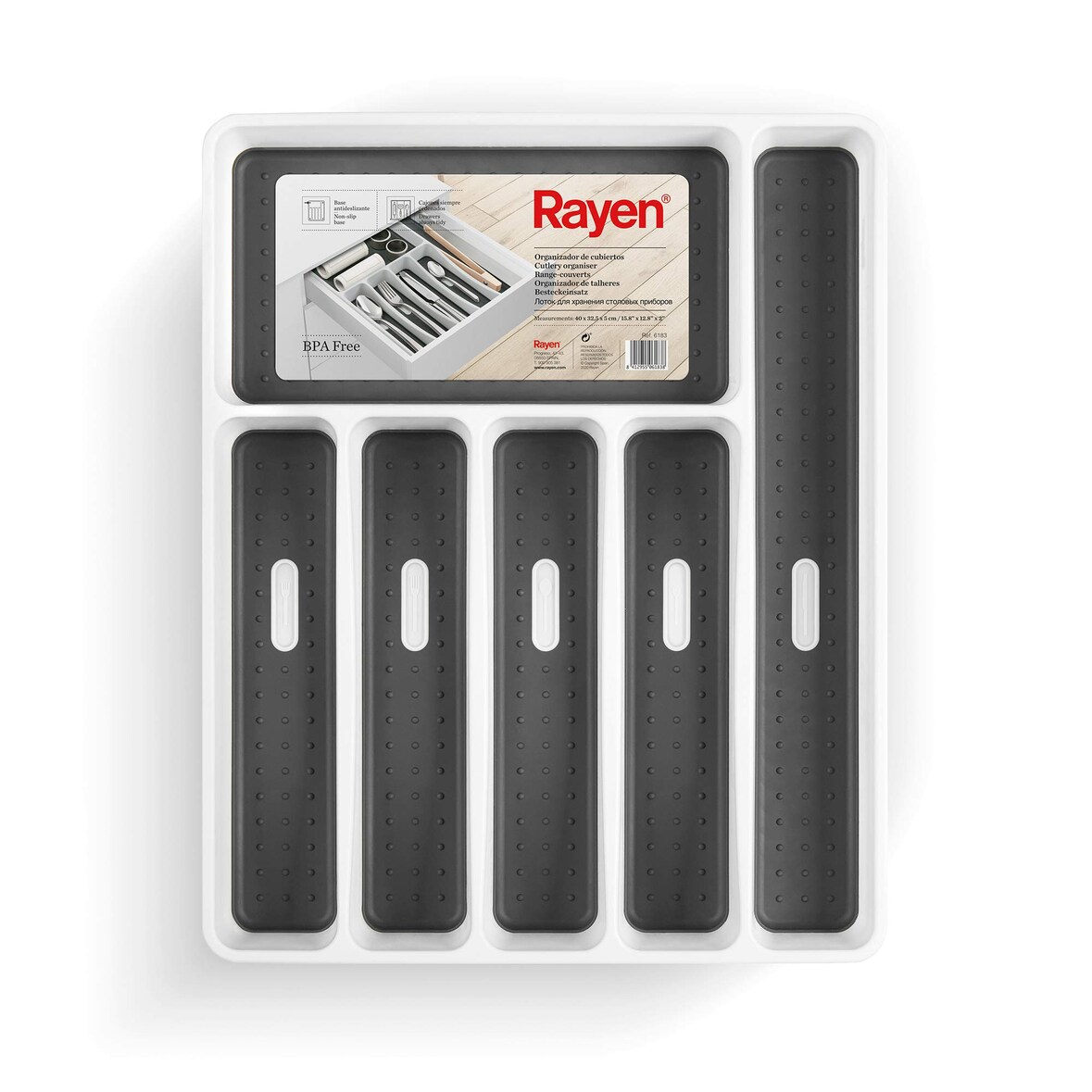 Rayen | Bestek Organiser | 6 Compartimenten | Keuken Lade Organiser | Antislip Poten | Polypropyleen | Wit | Afmeting: 40x32,5x5 cm