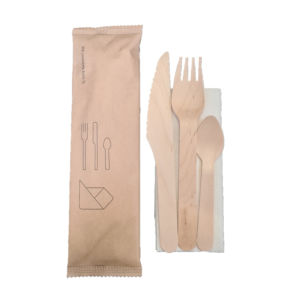 Kit couverts en bois 4 en 1 fourchette 16 cm + couteau 16,5 cm + cuillère à dessert + serviette 1 pli  par 250