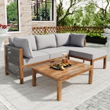 thumbnail of Garten-Loungeset aus Akazienholz grau, 3-teilig mit 2 Zweisitzer-Sofas und Tisch, handgeflochtene Seilarmlehnen, Kissen abziehbar