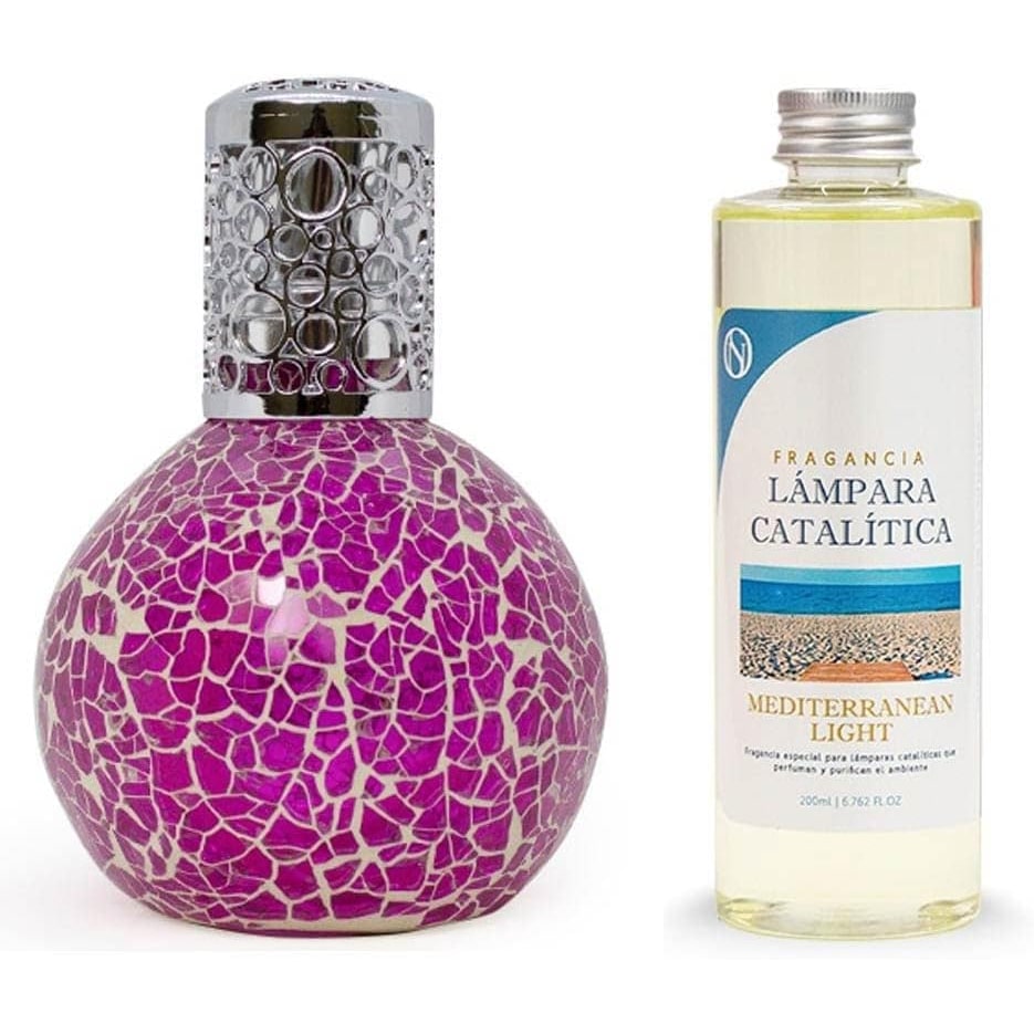 Confezione risparmio Lampada catalitica Mosaico Fucsia + Fragranza Aroma Mediterraneo 200ml. Elimina i cattivi odori e le impurità, profuma e deterge.