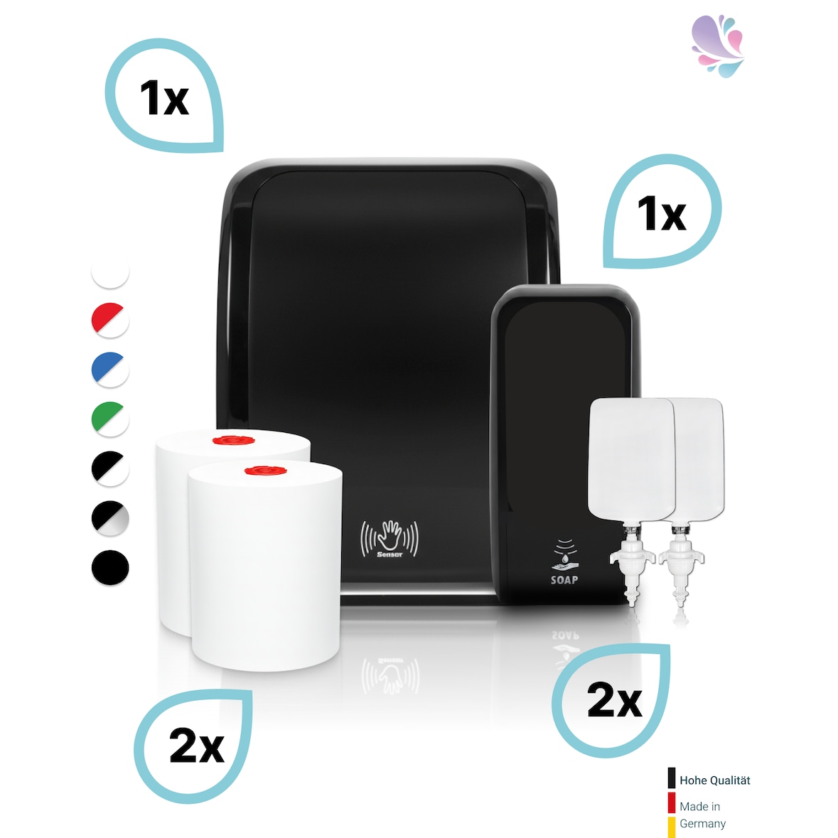 KOMPLETT-SET Waschraum SENSOR: Handtuchrollenspender SENSOR + 2 TAD Handtuchrollen + Schaumseifenspender SENSOR + 2 Kartuschen