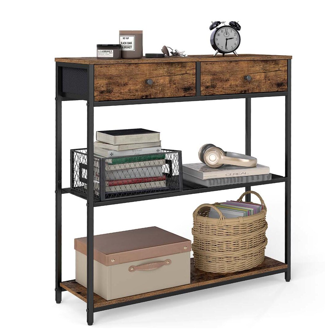 Helloshop26 - Mesa de entrada estreita com 2 gavetas de tecido mesa de apoio/mesa lateral em 3 níveis 24 x 76 x 80 cm para hall de 12_0007999