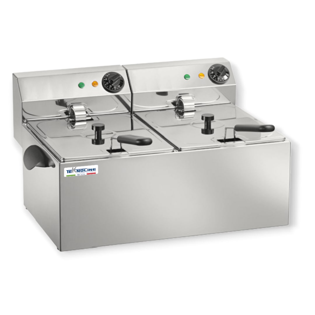 Teknoline, FRIGGITRICE DOPPIA 6+6 Lt, acciaio inox, Termostato di lavoro 50-180°C e sicurezza, Resistenze removibili, 3250+3250W-230V/1N, Mod.FR8+8.