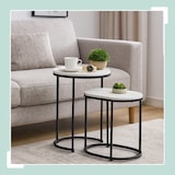 thumbnail of Relaxdays Satztisch, 2er Set, Beistelltisch rund & oval, Marmoroptik, Metallbeine, Wohnzimmer, Couchtisch, weiß/schwarz