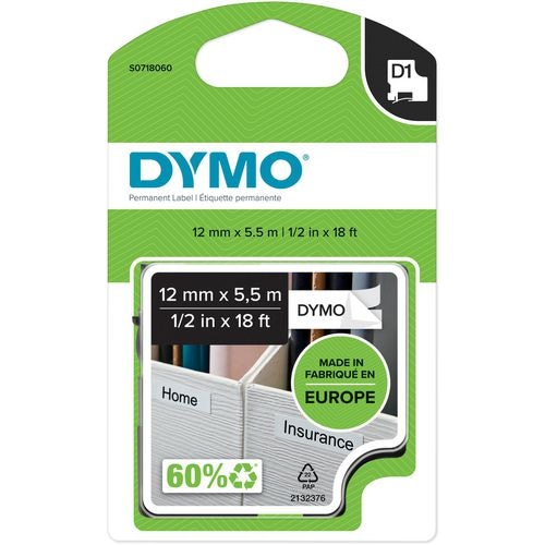 DYMO Cassette de cinta de escritura D1 negro/blanco, 12 mm x 5,5 m