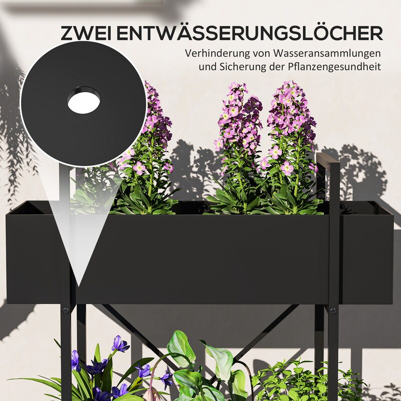 Ein schwarzer Blumenkasten mit Entwässerungslöchern.