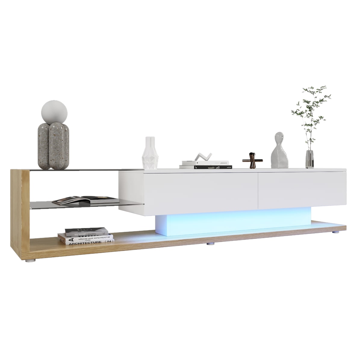 TV-Schrank 170x36x38cm mit LED Beleuchtung, Hochglanz TV Lowboard modern mit Glasregalen und Schubladen, Wohnzimmermöbel Weiß Holz