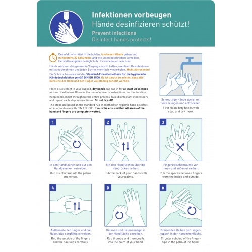 Aufkleber Infektionen vorbeugen, Hände desinfizieren..., Kombischild, Folie, 210x297 mm