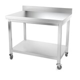 thumbnail of Table de travail en inox 1200 x 700 mm adossée avec renfort sur roulettes PREMIUM / GOLDINOX