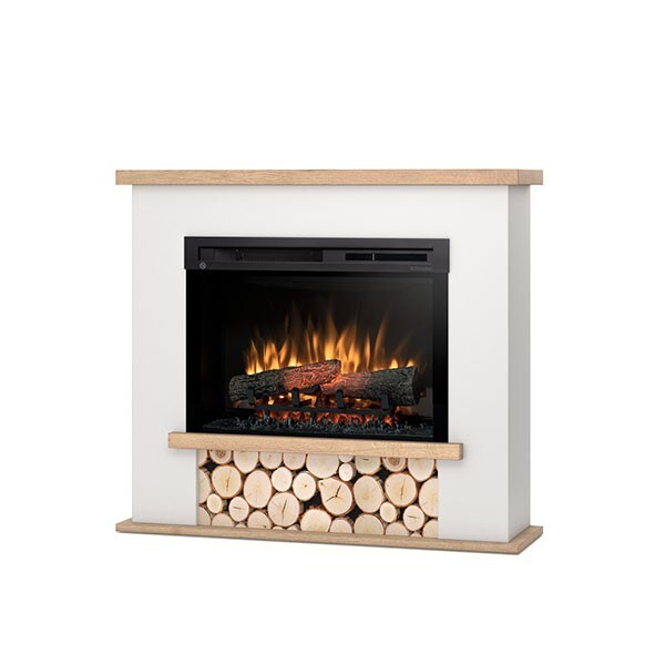 TULA – Freistehender elektrischer LED-Kamin – 26 Zoll – Mattweiß / Helle Eiche – 100 x 88 x 28