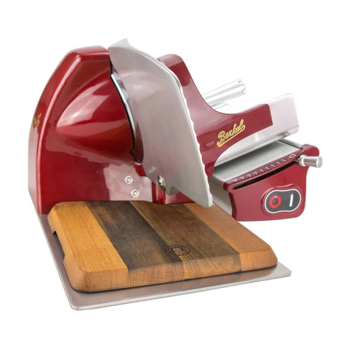 Berkel Home Line 200 Rot, Aufschnittmaschine + von Hand gefertigtes Einlegebrett aus Fassholz