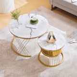 thumbnail of Couchtisch Set 2tlg rund Weiß+Gold Nesting Sofatisch Hochglanz Marmormuster MDF Beistelltische platzsparend mit Metallgestell 45×70×70 cm