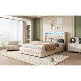thumbnail of Polsterbett mit LED-Beleuchtung, hydraulischem Stauraum, Samtstoff, robustes Design, 140x200 cm, Beige, elegantes Kopfteil, stabiler Rahmen