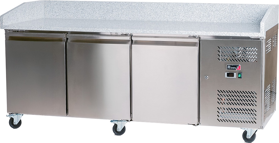 Cleiton® Pizzatisch 3 Türen 200x80 cm mit Arbeitsfläche aus Granit mit Umluftkühlung | Pizzakühltisch aus Edelstahl