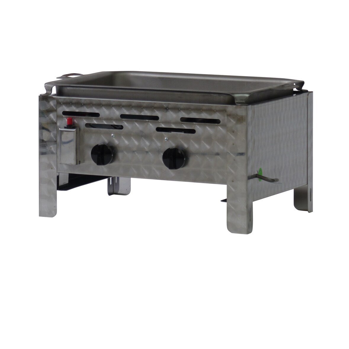 Gastrobräter, 2 Brenner je 4,5 kW, mit Edelstahlpfanne, B 480 mm x T 530 mm x H 270 mm, inkl. Gewerbedruckregler u. Schlauchbruchsicherung