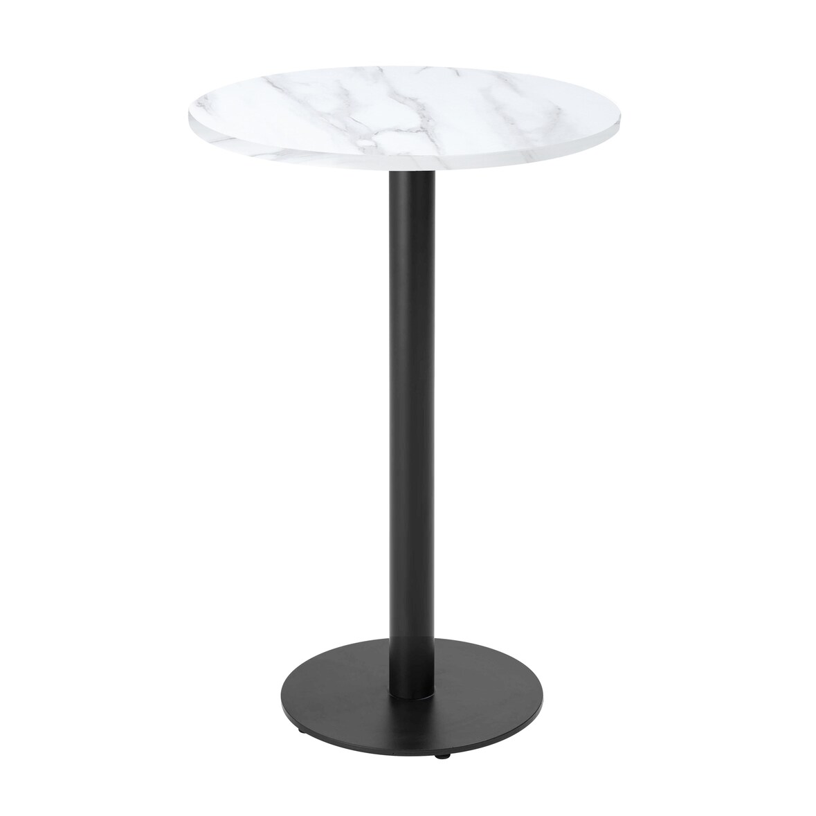 60 cm hoge ronde tafel met zwart onderstel en wit marmeren blad