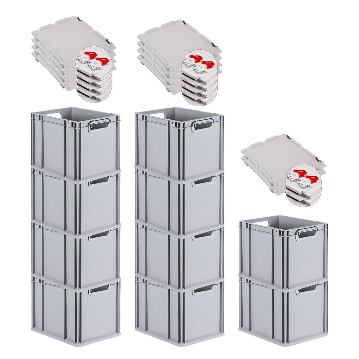 PROREGAL SuperSparSet 10x Eurobox NextGen Economy mit Scharnierdeckel & roten Verschlüssen, Griffe offen, HxBxT 32x30x40cm, 30L, Eurobehälter, Box