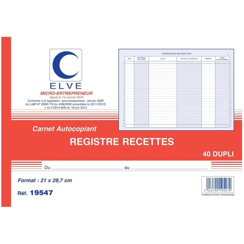 Lot de 5 Carnet auto-entrepreneurs sans TVA Recettes - A4 paysage - 40 dupli