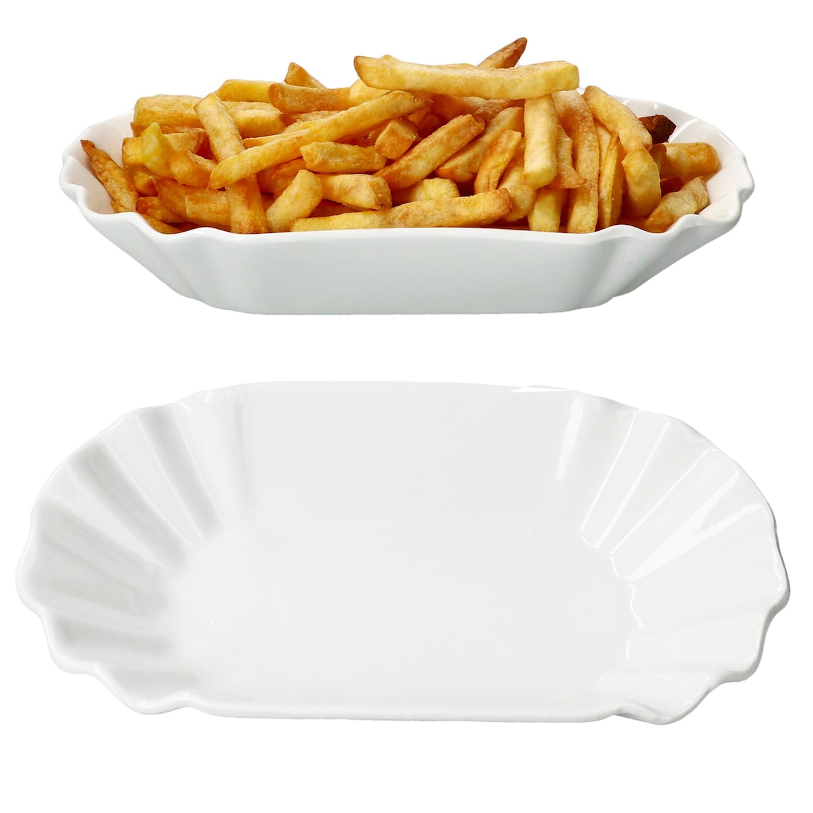 2x Frietjes XL Pommesschale oval weiß Currywurst-Schale Servier-Teller Porzellan