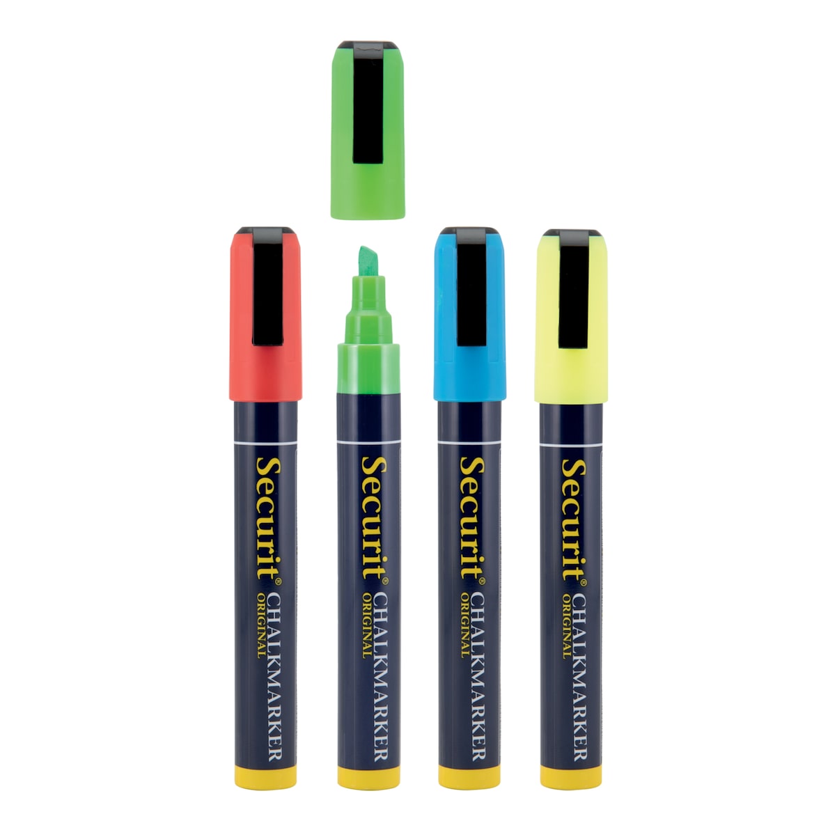 Securit® 4er-Set Flüssigkreidemarker – Gelb, Grün, Blau, Rot – Keilspitze 2-6 mm