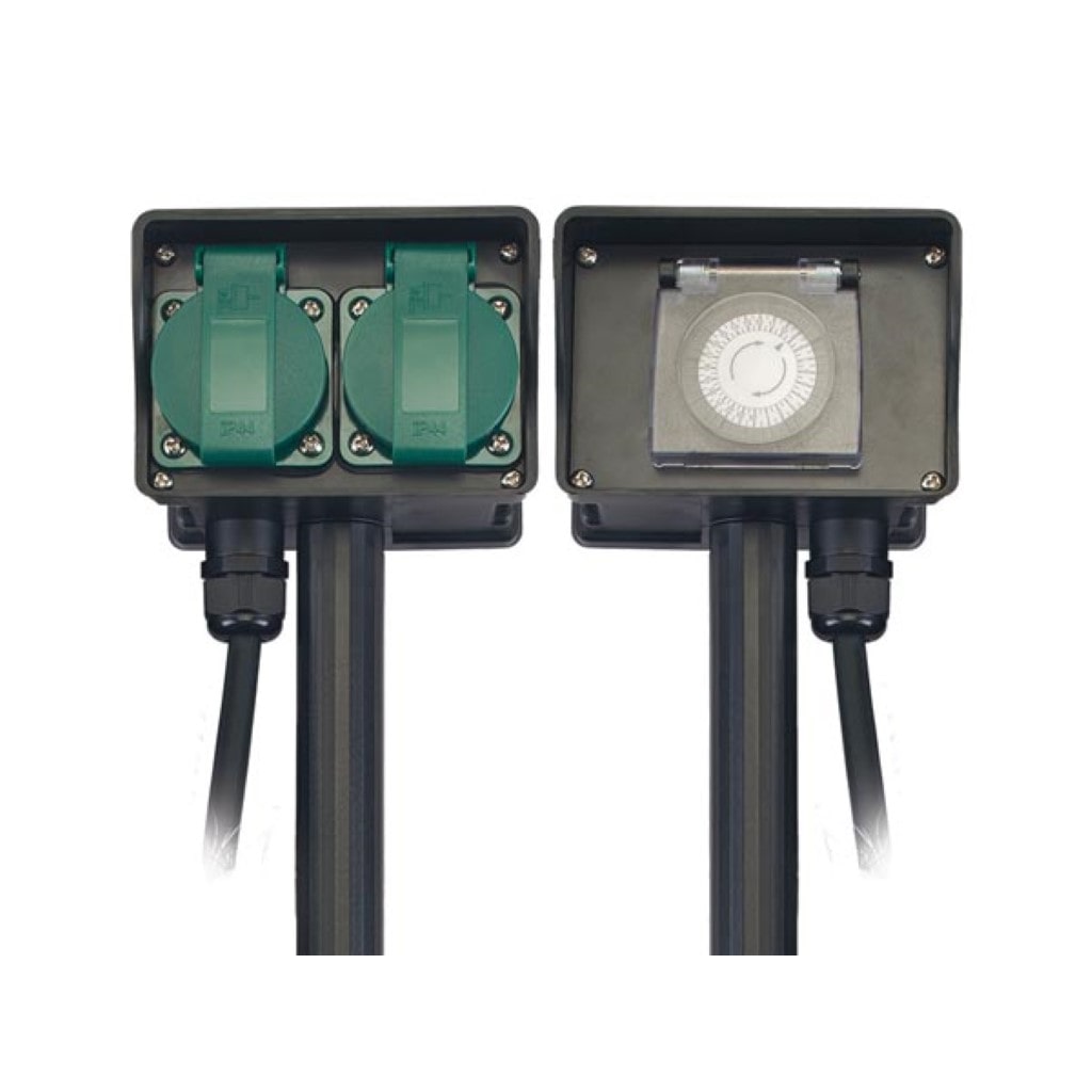 Perel Tomada exterior IP44 com temporizador e estaca de terra, 2 tomadas tipo E com tampas e cabo H07RN-F 3G1.5 de 1,5 m para jardim