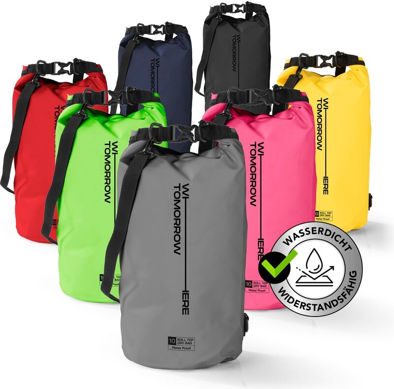 Mehrere wasserdichte Taschen in verschiedenen Farben.