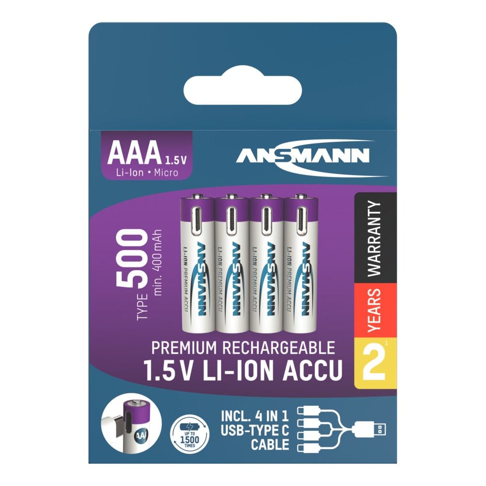Ansmann 1311-0028 Micro AAA-lithium-oplaadbare batterijen, type 500 (min. 400 mAh), pakket 4