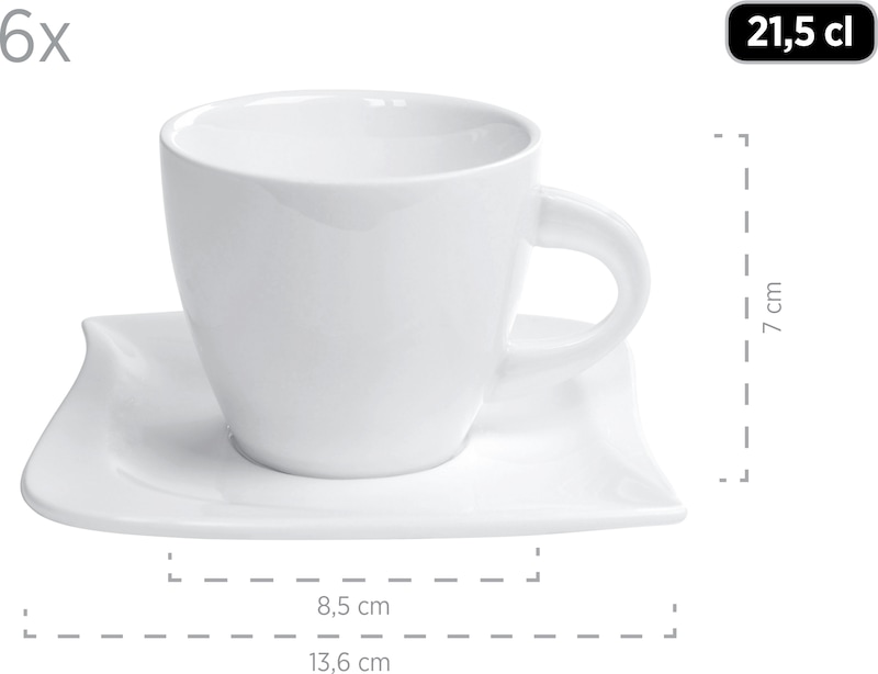 Een set van zes witte koffiekopjes met schoteltjes.