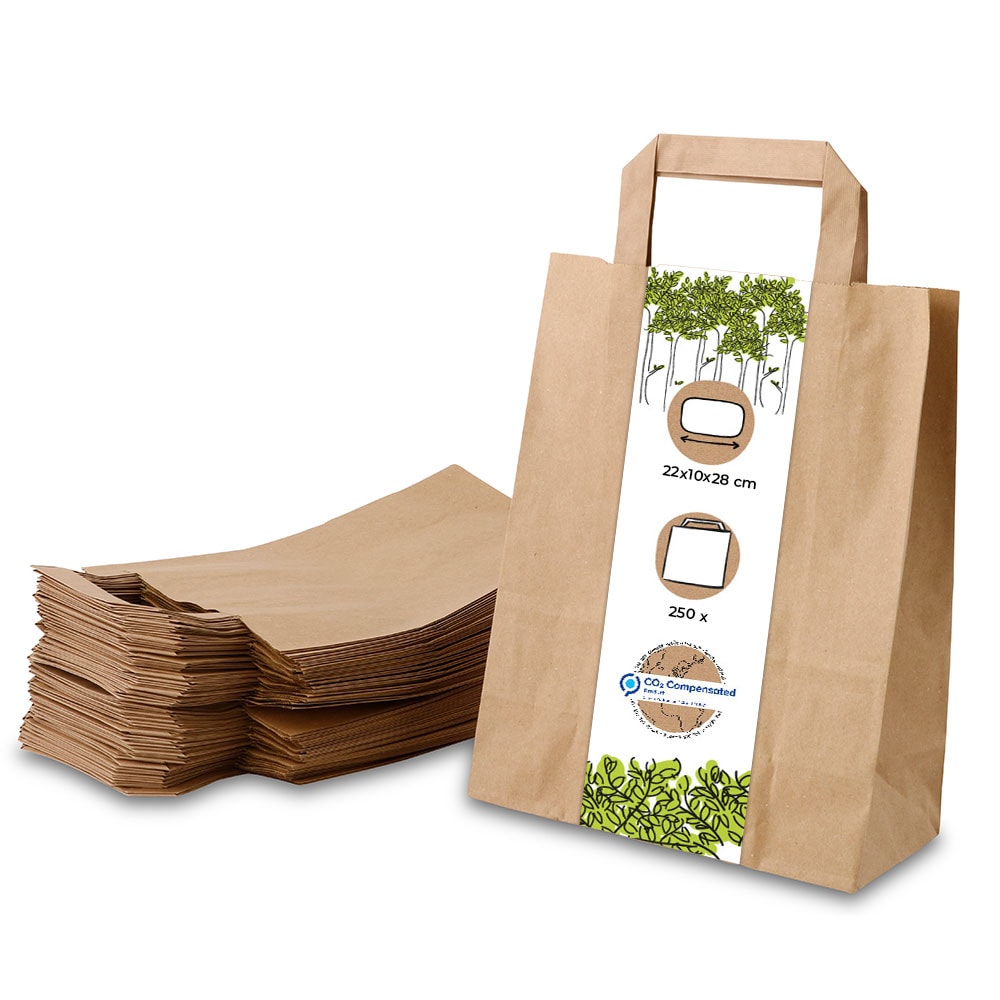 BIOZOYG 250 Stück Tragetasche M 22 x 10 x 28cm Papiertüte reißfest braun kompostierbar Einkaufstasche Papiertasche Einkaufstüte umweltfreundlich