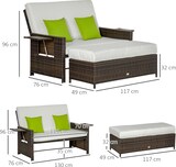 thumbnail of Sofá de Ratán de 2 Plazas con Mesitas y Reposapiés de Almacenaje Tumbona de Jardín con Respaldo Inclinable y Cojines Desenfundables 130x76x96 cm