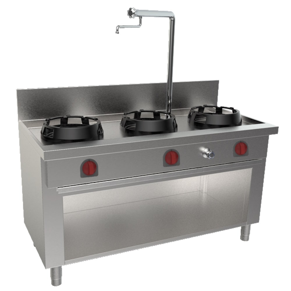 EURAST - Wok refrigerado con 3 fuegos a gas sobre soporte, 1 columna agua - 1500x700x850 mm - 49 Kw - 32157CK5
